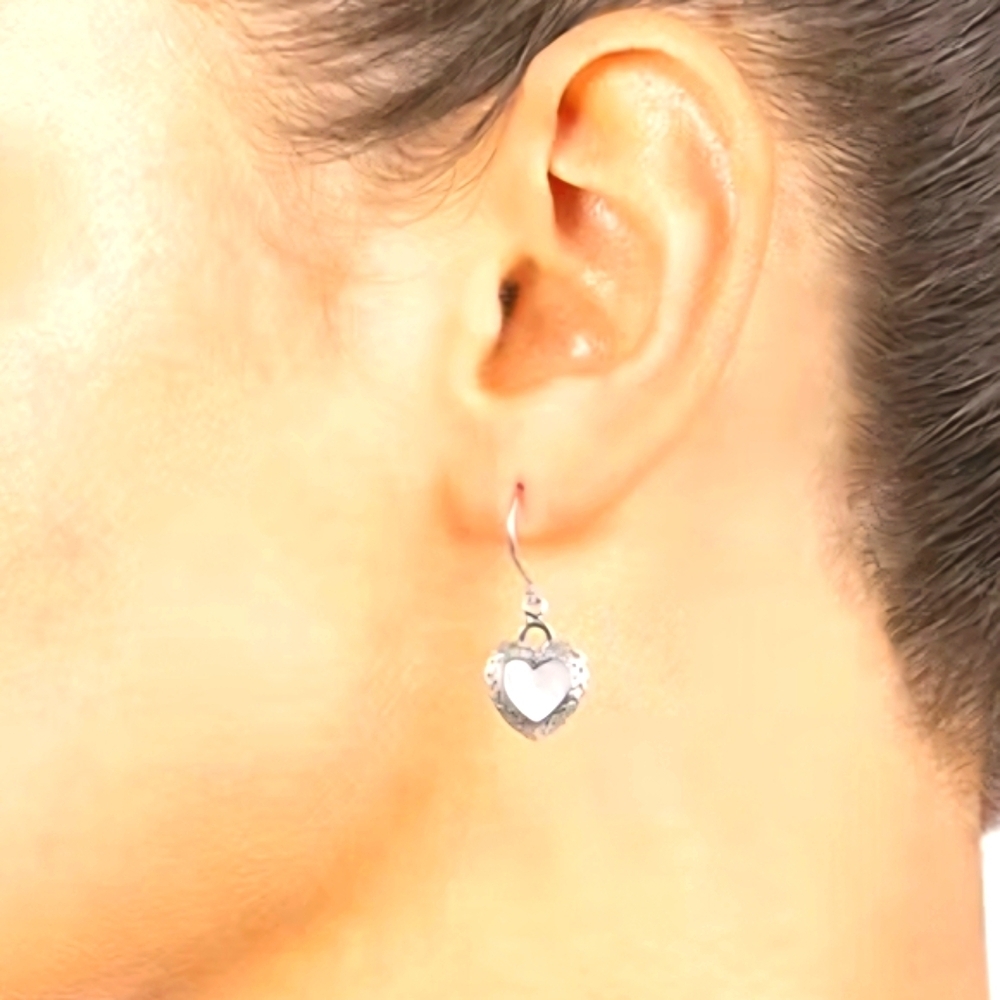 Bali Inspired Genuine White Mother Of Pearl Sterling Silver Heart Drop Earrings - Picture 2 of 3